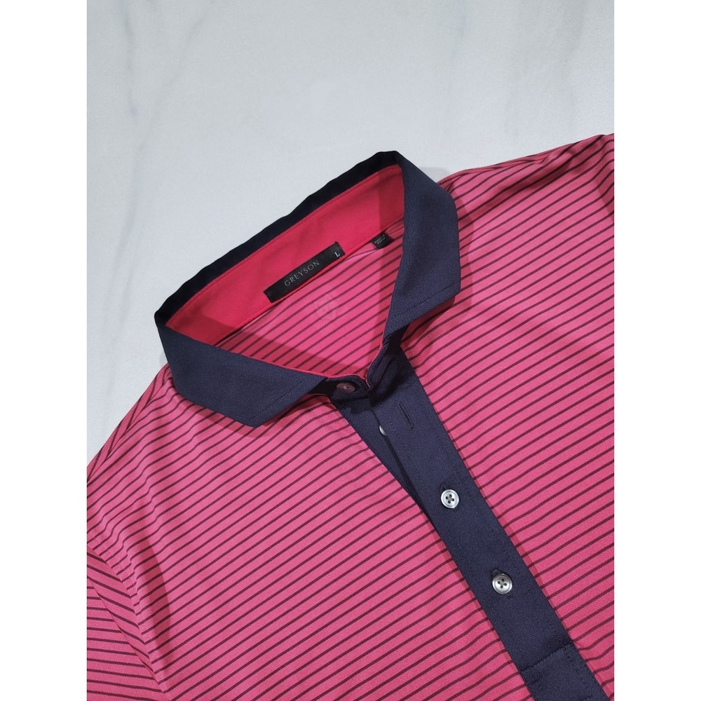 Greyson Golf Polo Shirt Mens Large Pink Navy Stripe Performance Stretch L